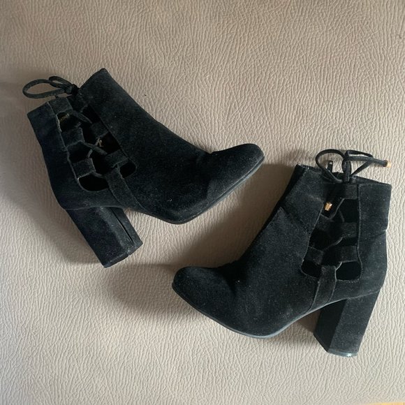 Black Suede Heeled Booties - Picture 1 of 6